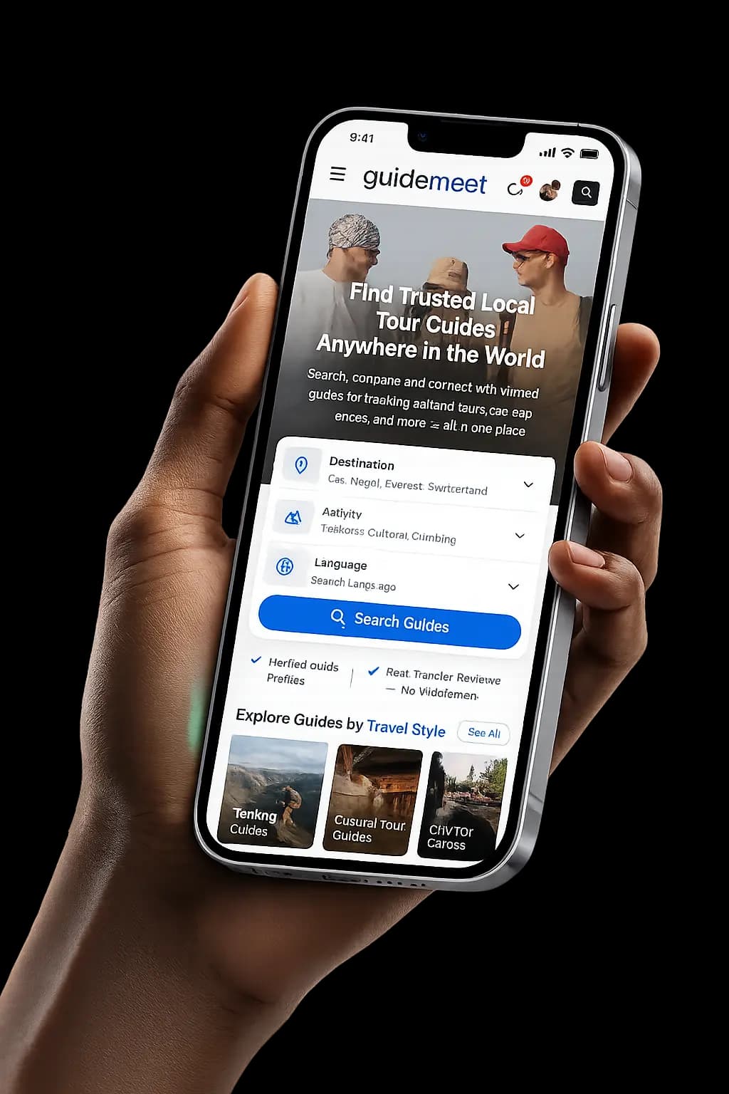 Hand holding the GuideMeet mobile guide search app